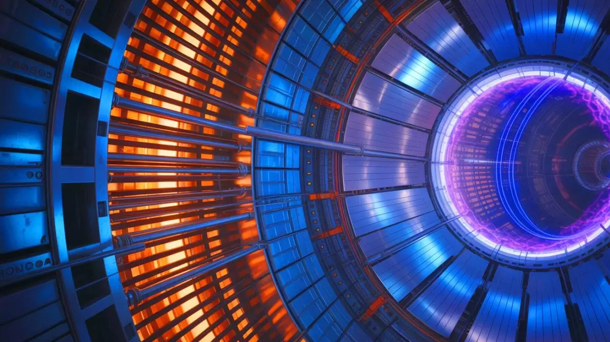 Illustration de l'intérieur d'un réacteur tokamak avec le radiateur à cible X-point. Image réalisée par IA.