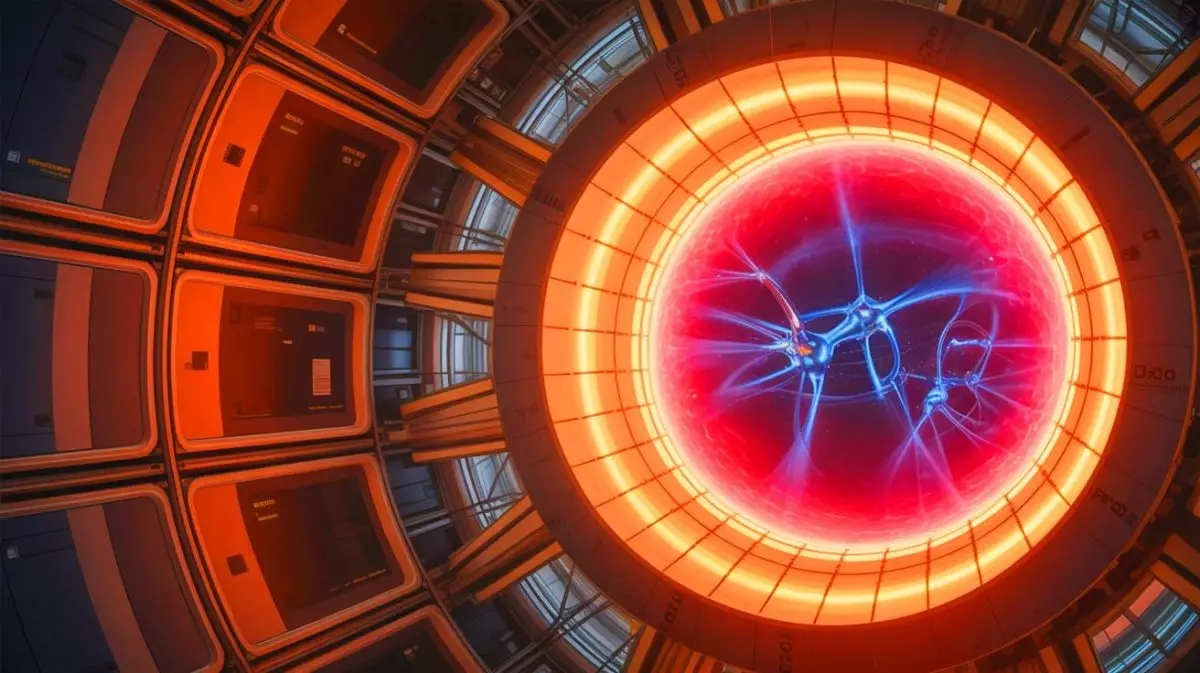 Illustration de la création d'ions hélium-3 à haute énergie dans le stellarator Wendelstein 7-X. Image réalisée par IA.