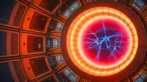 Illustration de la création d'ions hélium-3 à haute énergie dans le stellarator Wendelstein 7-X. Image réalisée par IA.
