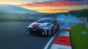 Illustration de la voiture à hydrogène liquide GR Corolla H2 Concept de Toyota lors des 24 heures de Fuji. Image réalisée par IA.