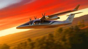 Illustration de l'avion hybride électrique Cassio 330 de VoltAero. Image réalisée par IA.