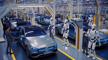 Illustration de l'intégration de robots humanoïdes Apollo dans les usines Mercedes-Benz pour améliorer la production et les conditions de travail.