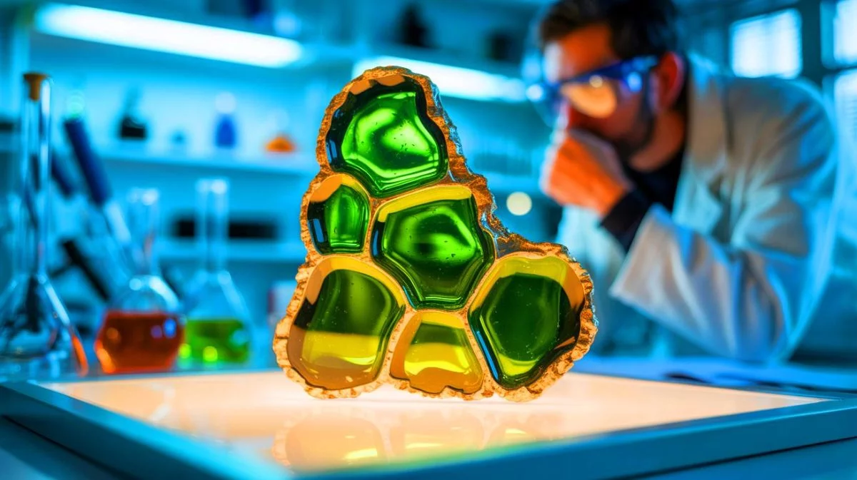 Illustration de la découverte des quasicristaux dans la trinitite, générée par intelligence artificielle.