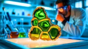 Illustration de la découverte des quasicristaux dans la trinitite, générée par intelligence artificielle.