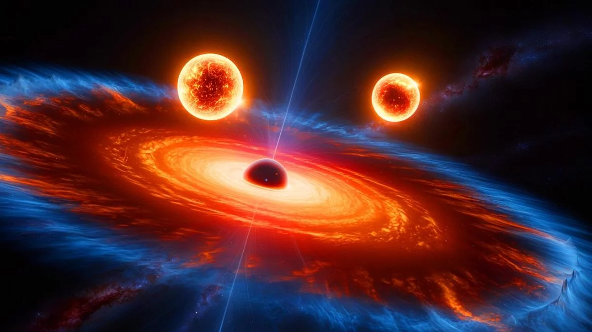 Illustration de l'étoile binaire D9 près du trou noir supermassif Sagittarius A*, générée par intelligence artificielle.
