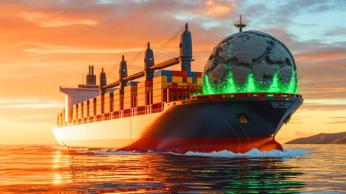 Illustration de la transformation des émissions de CO₂ d'un navire en ciment par intelligence artificielle.