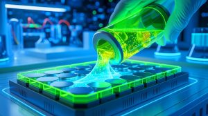 Illustration de l'électrolyte composite F-QSCE@30 améliorant la conductivité ionique des batteries, générée par intelligence artificielle.