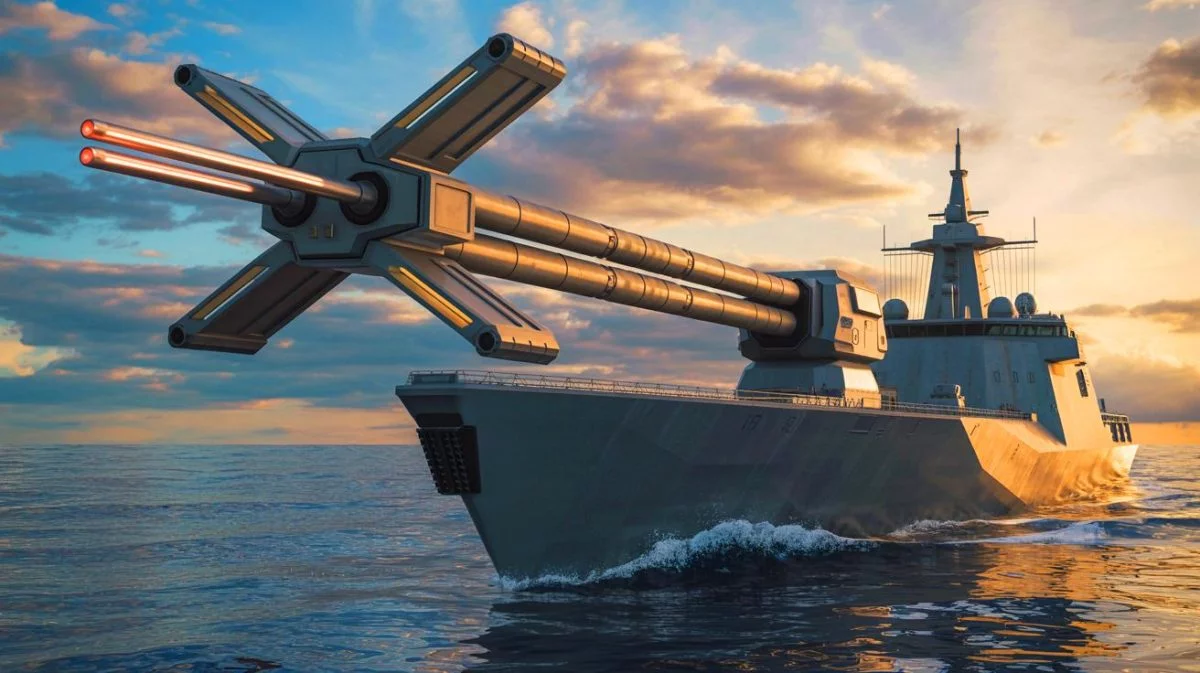 Illustration de l'innovation chinoise du canon à rail en forme de X, générée par intelligence artificielle.