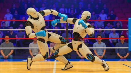 Illustration de robots humanoïdes en compétition sur un terrain de sport, générée par intelligence artificielle.