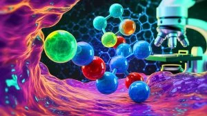 Illustration de l'interaction quantique entre protons et électrons dans les cellules biologiques. Image réalisée par IA.