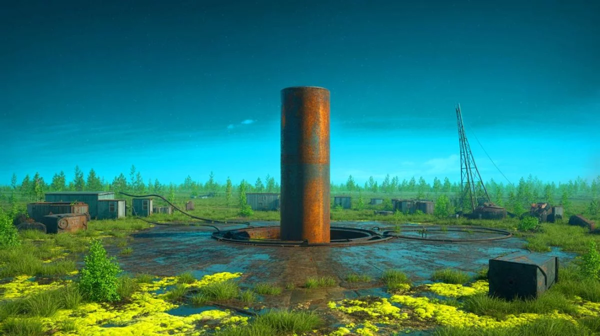 Illustration de la fermeture du forage superprofond de Kola avec son capuchon métallique en Russie.