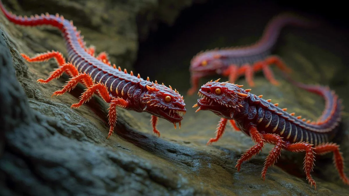 Illustration de nouvelles espèces de pseudoscorpions aux allures de dragons, découverte en Corée du Sud, générée par intelligence artificielle.