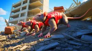 Illustration de rats géants en mission de sauvetage dans une zone sinistrée, générée par intelligence artificielle.
