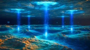 Illustration de neutrinos traversant la matière en lien avec la gravité quantique. Image réalisée par IA.