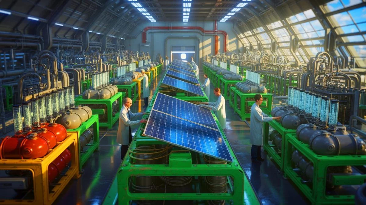 Illustration de la transformation de panneaux solaires usagés en composés chimiques précieux, générée par intelligence artificielle.