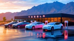 Illustration de l'expérience immersive du Tesla Supercharger Diner à Los Angeles, générée par intelligence artificielle.