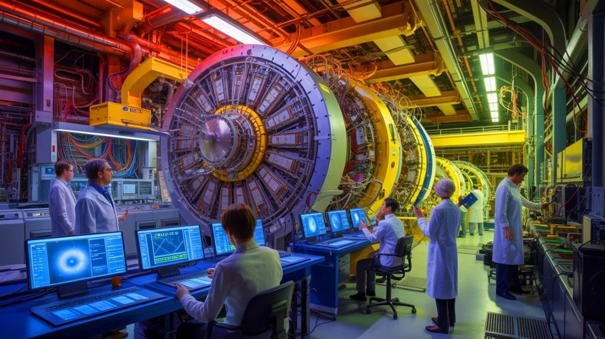 Illustration de la violation de la symétrie charge-parité dans la désintégration des particules baryoniques, générée par intelligence artificielle.