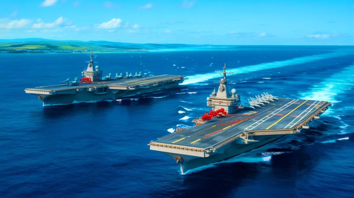 Illustration de deux porte-avions chinois pénétrant dans les eaux de l'île de Guam, créée par intelligence artificielle.