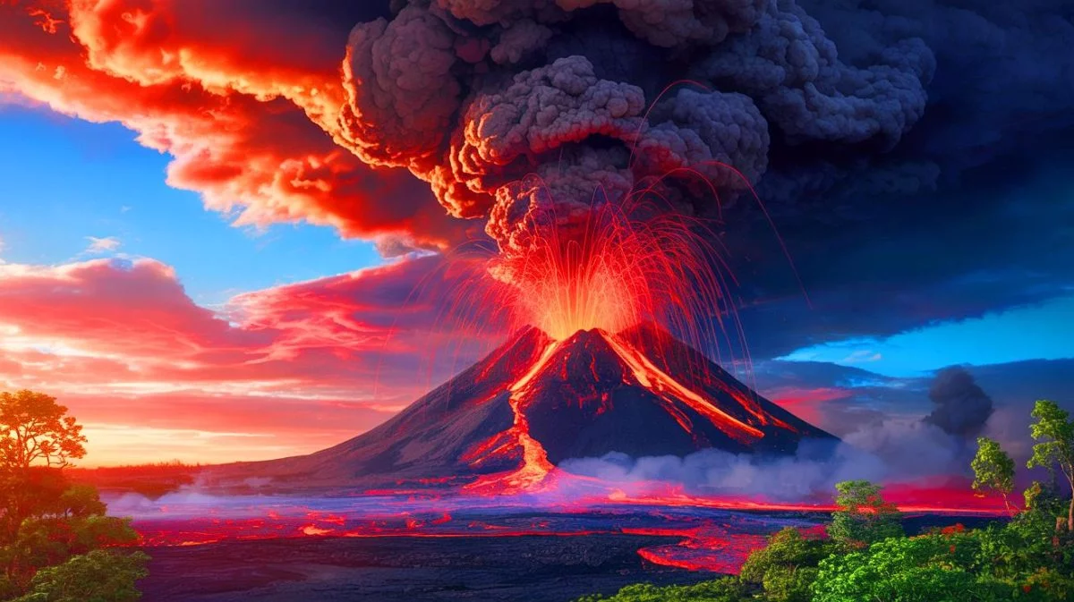 Illustration de l'impact potentiel d'une super éruption volcanique sur la Terre, générée par intelligence artificielle.