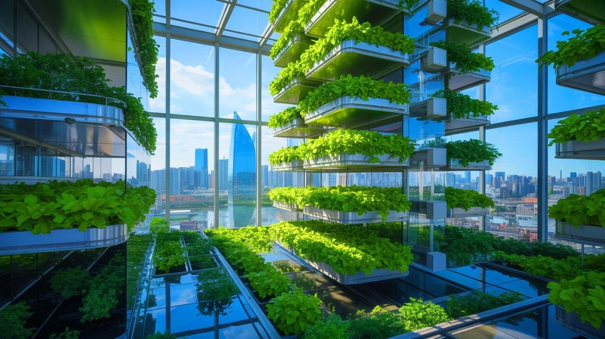 Illustration de la ferme verticale innovante de Pékin, générée par intelligence artificielle.