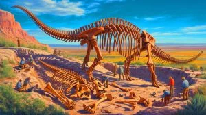 Illustration de la découverte d'un fossile d'Alamosaurus dans le parc national de Big Bend. Image réalisée par IA.