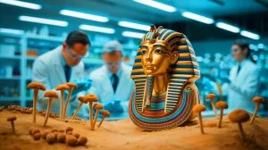 Illustration de la découverte de propriétés anticancéreuses dans le champignon Aspergillus flavus lié à la tombe de Toutankhamon. Image réalisée par IA.