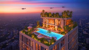 Illustration de la maison Antilia, résidence de 27 étages de Mukesh Ambani à Mumbai.