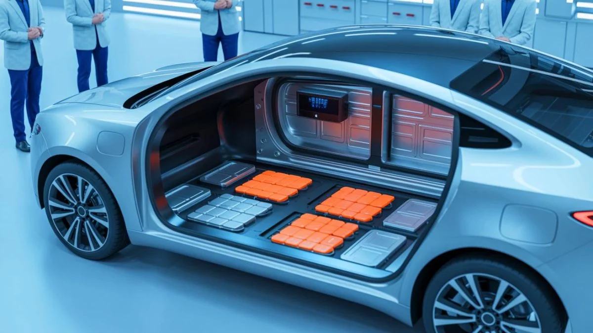 Illustration de batteries auto-réparatrices pour véhicules électriques, générée par intelligence artificielle.