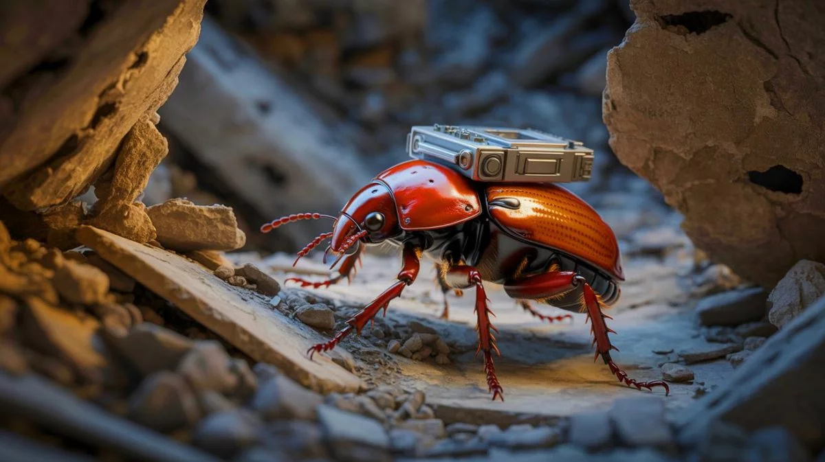 Des insectes cyborgs télécommandés pour sauver des vies : l’incroyable prouesse technologique d’un laboratoire en test de catastrophe Illustration de coléoptères cyborgs équipés de micro-puces utilisés pour les missions de recherche et de sauvetage. Image réalisée par IA.