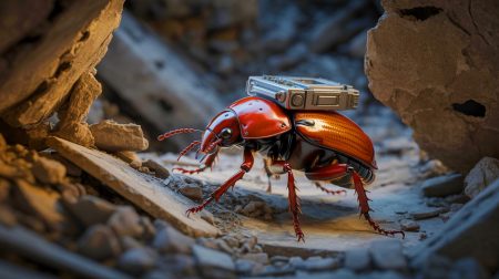 Illustration de coléoptères cyborgs équipés de micro-puces utilisés pour les missions de recherche et de sauvetage. Image réalisée par IA.
