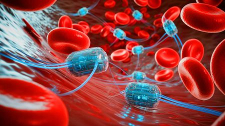 Illustration de nanorobots circulant dans le flux sanguin pour révolutionner la médecine.