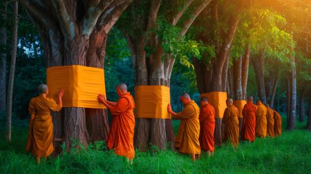 Illustration de moines bouddhistes en Thaïlande ordonnant des arbres pour les protéger de la déforestation.