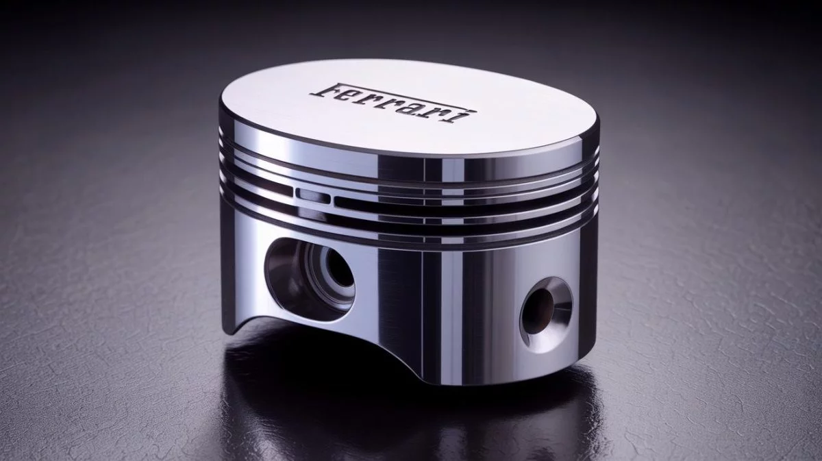 Illustration de l'innovation de Ferrari avec des pistons oblongs pour améliorer l'efficacité des moteurs.