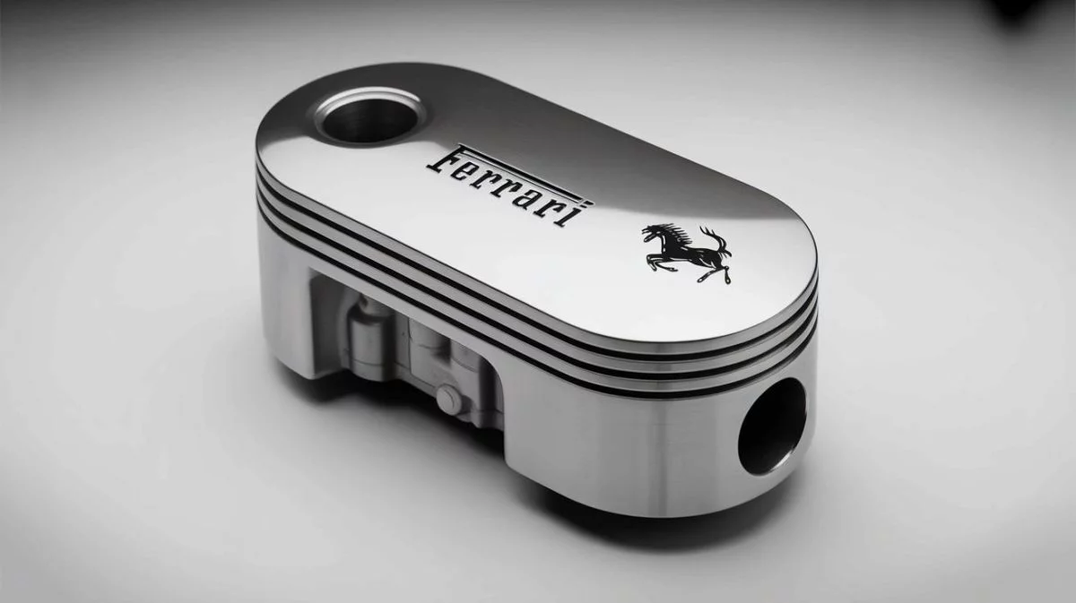 Illustration de l'innovation des pistons ovales dans les moteurs V12 de Ferrari, générée par intelligence artificielle.