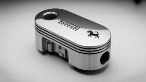 Illustration de l'innovation des pistons ovales dans les moteurs V12 de Ferrari, générée par intelligence artificielle.