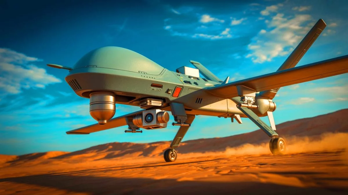 Illustration de drones militaires contrôlés par intelligence artificielle.