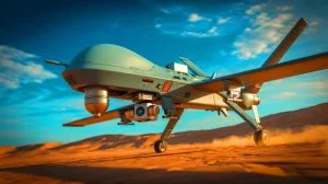 Illustration de drones militaires contrôlés par intelligence artificielle.
