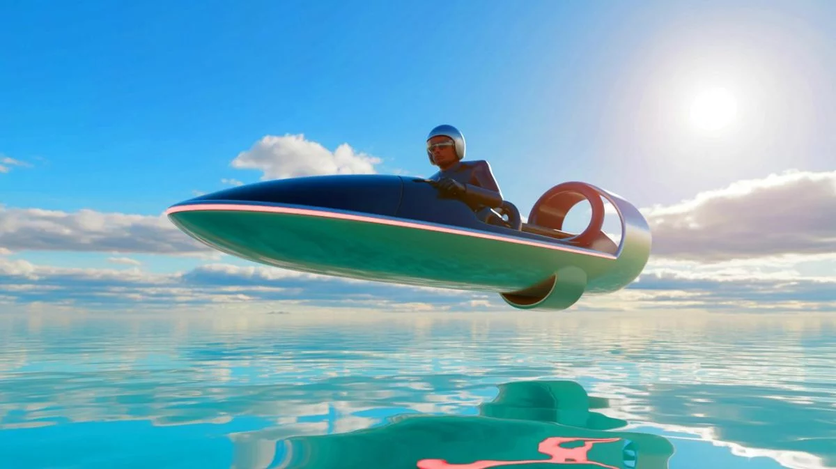 Illustration de Franky Zapata pilotant le Air Scooter, une création générée par intelligence artificielle.