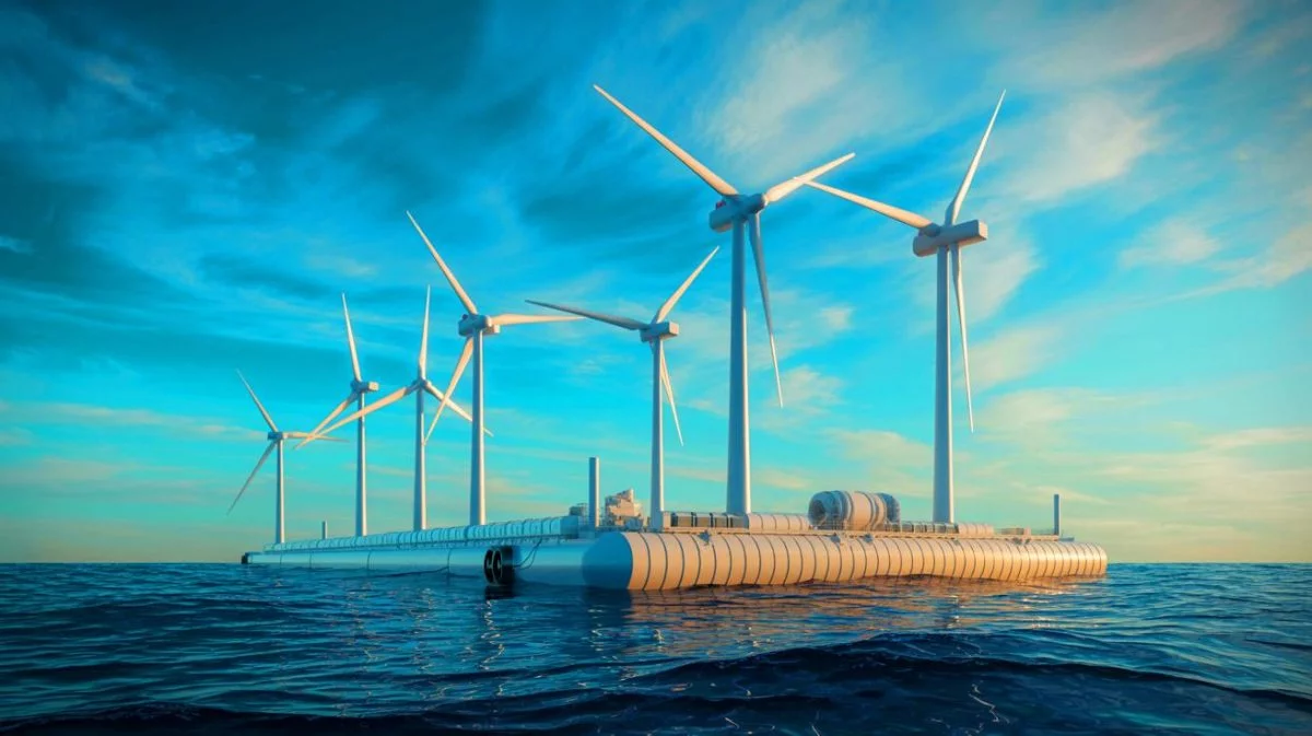 Illustration de la plateforme flottante produisant des carburants synthétiques à partir d'énergie éolienne, générée par intelligence artificielle.