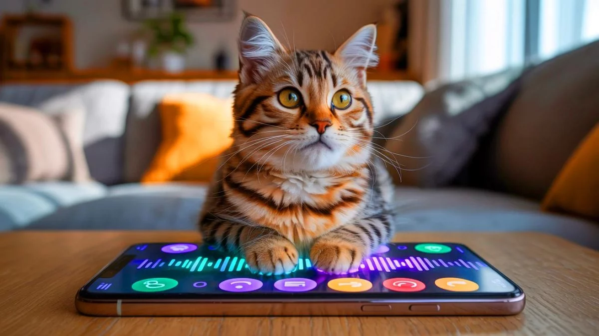 Illustration de la traduction des miaulements de chats en langage humain grâce à une application. Image réalisée par IA.