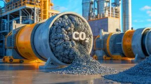 Illustration de la transformation du CO₂ en ingrédients pour ciment, générée par intelligence artificielle.