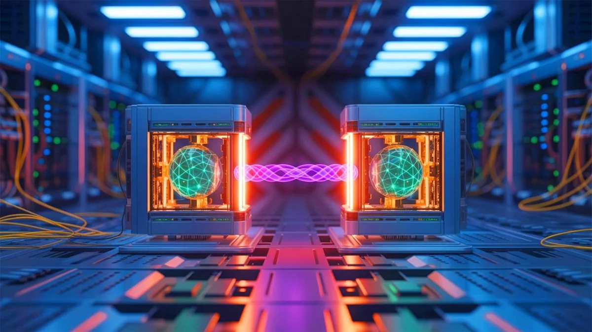 Illustration de la connexion de deux ordinateurs quantiques par téléportation quantique. Image réalisée par IA.