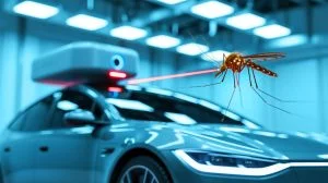 Illustration de l'ingénieur chinois utilisant un laser pour abattre des moustiques, générée par intelligence artificielle.