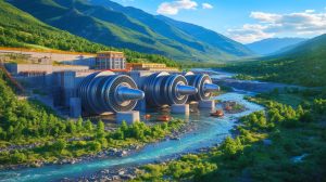 Illustration de turbines hydroélectriques géantes au Tibet. Image réalisée par IA.