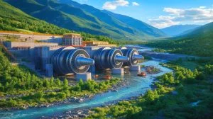 Illustration de turbines hydroélectriques géantes au Tibet. Image réalisée par IA.