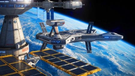 Illustration de la collaboration entre la Space Force et Gravitics pour développer un porte-avions orbital.