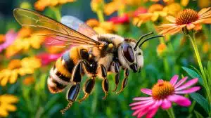 Illustration de l'inspiration des mouvements de vol des abeilles pour l'intelligence artificielle et la robotique. Image réalisée par IA.