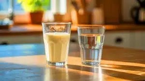 Illustration de la comparaison entre le lait et l'eau en termes d'hydratation. Image réalisée par IA.