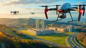 Illustration de drones supposés russes survolant le centre de recherche de l'Union européenne à Ispra. Image réalisée par IA.