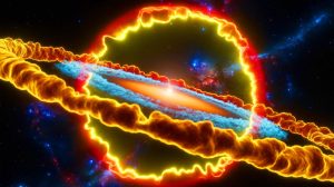 Illustration de halos de gaz hydrogène ionisé entourant des galaxies. Image réalisée par IA.
